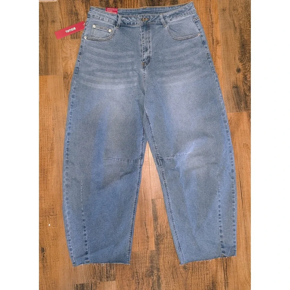 Womens Barrel Jeans 10 Festival High Rise Wide Leg Denim Raw Hem Stretch Cowgirl